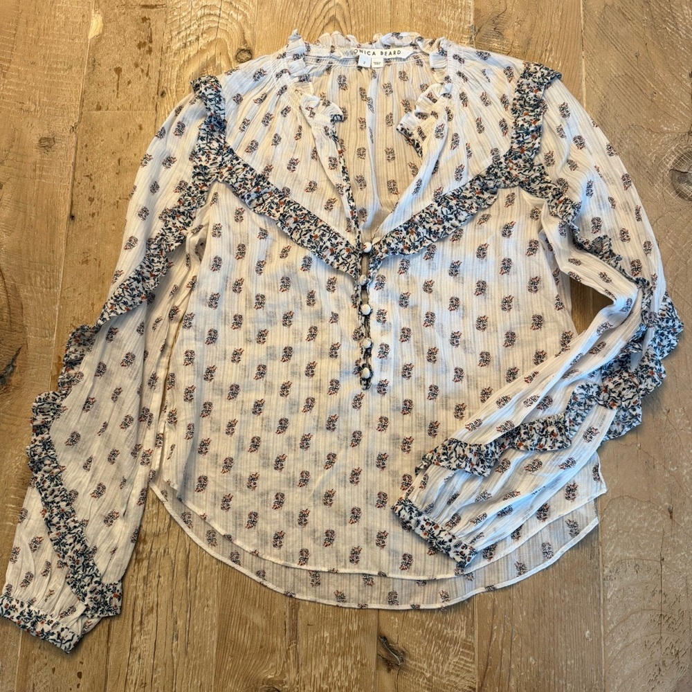 Veronica Beard Women's Floral Ruffle V-Neck Blouse 2 - Picture 3 of 9